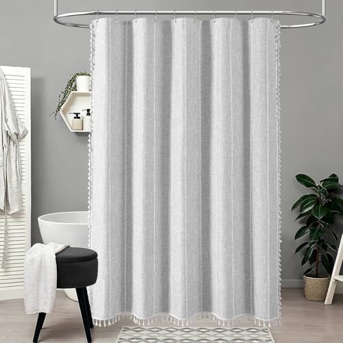 BTTN 60 x 84 Boho Linen Heavy Duty Cloth Shower Curtain Set, Grey/Gray