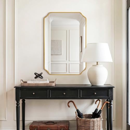 Delma Bathroom Vanity Mirror, Black Framed Aluminum Bathroom Mirror for Over Sink, Scalloped Round Corner Wall Mirror, High-Definition Vanity Mirror, Hangs Horizontally or Vertically (30x20,Gold)