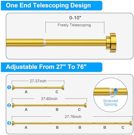 TEECK Shower Curtain Rod, 27-76 inch Adjustable Spring Tension Curtain Rod, Never Rust Anti-Slip Shower Curtain Rod for Bathroom, No Drilling, Never Collapse, Easy to Use, Gold