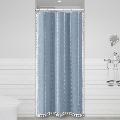 BTTN Small Boho Farmhouse Linen Heavy Duty Shower Curtain, 36x72, Blue