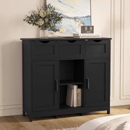 Sideboard Floor Storage Cabinet - Wooden Storage Organizer with 2 Doors and 3 Drawers, Free Standing Accent Buffet Cabinet with Adjustable Shelves for Living Room, Kitchen, Bathroom (Black)