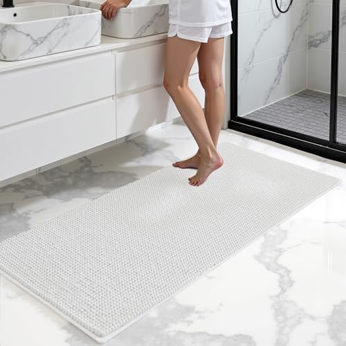 SUBRTEX Bathroom Rugs, 24" x 55" Chenille Bath Rug Soft Short Plush Bath Mat Soft Shower Mat Water Absorbent Shower Mat Quick Dry Machine Washable, White
