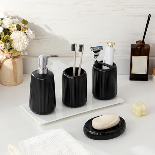 vancasso Ceramic Bathroom Accessories Set 4 Piece, Soap Dispenser with Stainless Steel Pump, Toothbrush Holder, Tumbler and Soap Dish, Modern Relief Design, Bathroom Decor Organizer, Black