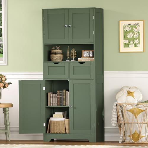 TEENFON Tall Bathroom Storage Cabinet with 4 Doors & 2 Adjustable Shelves