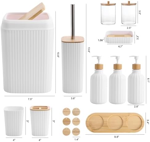 Bathroom Accessories Set White Bathroom Set with Trash Can,3PCS Lotion Soap Dispenser, Toothbrush Holder, Soap Dish,Tumbler Cup,6pcs Wood Tags White Bath Accessories with Tray for Bathroom Decor