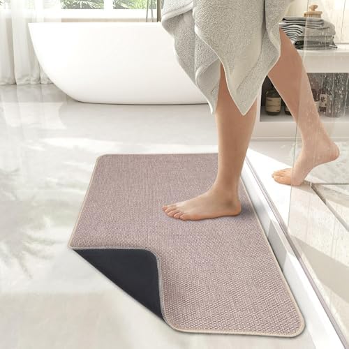 Bosap Bath Mat,Ultra Thin Bathroom Runner Rugs,Large Bath Mats for Bathroom,Quick Dry,Non-Slip,Machine Washable,Low Pile,Bath Rug,Shower Outside,Sink,Home Decor Accessories.Beige,3'x5'(36x60inch)