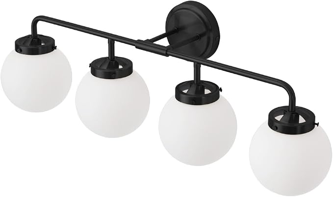 Bathroom Light Fixtures 30.7in 4-Light Matte Black Vanity Lights for Mirror | Dimmable Bathroom Lighting Fixtures over Mirror, ETL, E12 Base Max 60W, Modern Wall Sconce, Milky White Glass Ball Shades