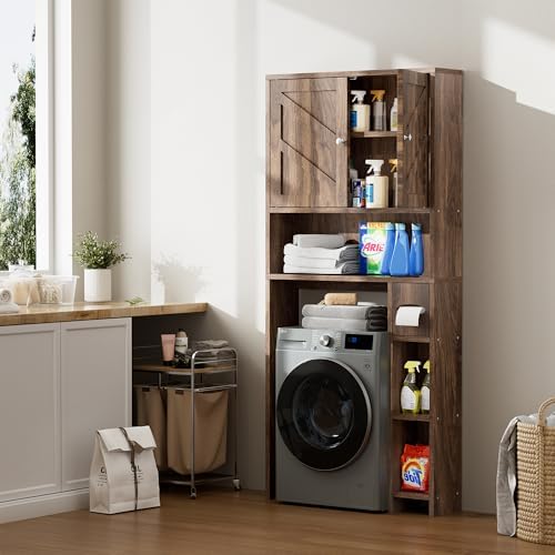 Over Toilet Storage Cabinet with Toilet Paper Holder Stand, Freestanding Bathroom Storage Cabinet, Rustic Farmhouse Bathroom Organizer with Adjustable Shelf & Anti-Tipping, Walnut