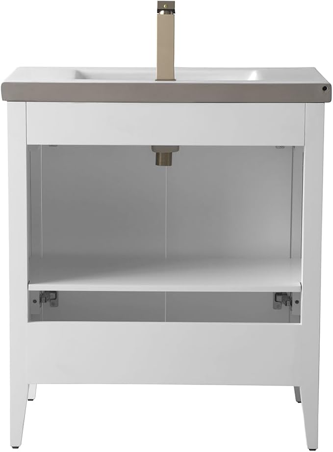Vanity Art 30 inch Bathroom Vanity with Single Sink & Ceramic Top, Vanity Cabinet with Soft-Closing Door, Solid Wood Frame, Linear Pattern, White, VA9130-W-MB,Matte Black Handles