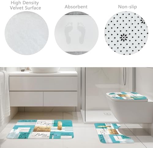 Teal Turquoise Aqua Gold Oil 4Pcs Bathroom Shower Curtain Set with Rugs