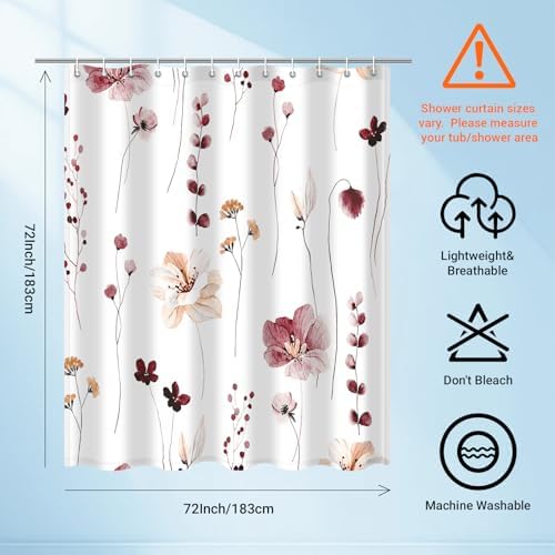 WITHLOC Floral Shower Curtains for Bathroom, Burgundy Flower, 72" W x 72" L