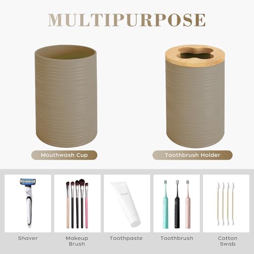 4PCS Beige Bathroom Set, Soap Dispenser, Dish & Bamboo Holder, Rustic