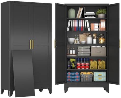 79" Black Tall Metal Storage Cabinet with 2 Doors and 5 Adjustable Shelves,Steel Garage Tool Cabinet, File Cabinet,Kitchen Pantry Cabinet for Home,Office,Garage,School,Warehouse