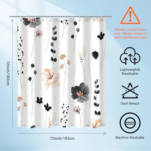 WITHLOC Floral Shower Curtains for Bathroom, Black, 72" W x 72" L