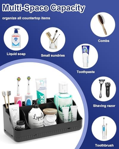 Bathroom Counter Organizer and Storage, 7 Slots Detachable Toothbrush Holders for Bathrooms, Anti-Slip Electric Toothbrush and Toothpaste Holder Countertop Vanity Organizer Accessories for Adults Kids