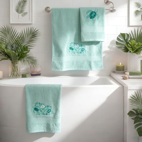 3 Pcs Rustic Sea Turtle Bathroom Towel Set Farmhouse Embroidered Sea Turtle Towels Vintage Decorative 100% Cotton Bath Towel Highly Absorbent Elegant Summer Decor Set for Bathroom