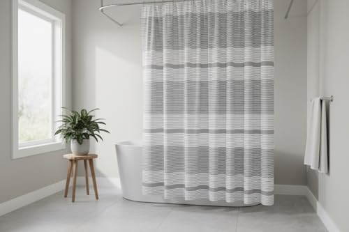 Serafina Home Striped Silver Light Grey Gray & White Cotton Shower Curtain