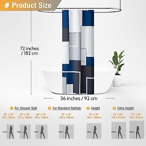 BTTN 36x72 Modern Geometric Waterproof Fabric Shower Curtain Set, Navy Blue