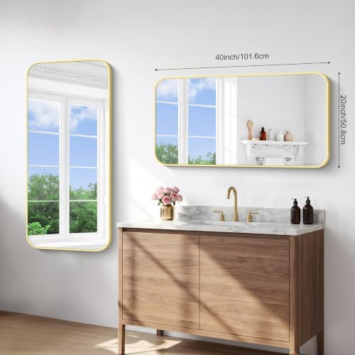 BONEWEI Gold Bathroom Mirror,20x40 inch Wall Mirror for Bathroom Wall Mounted,Round Rectangle Mirror for Bathroom Over Sink,Modern Frame for Home Decor Living Room,Bedroom Entryway,Horizontal/Vertical