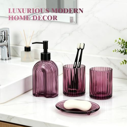 Bathroom Accessories Set, 4Pcs Glass Bathroom Accessories Set Complete, 11.6OZ Lotion Soap Dispenser, Toothbrush Holder, Mouthwash Cup, Soap Dish for Bathroom Decor, Countertop Organizer (Purple)