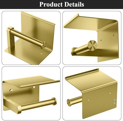Tindbea Toilet Paper Holder with Phone Shelf, Adhesive or Screw Wall Mount Toilet Tissue Roll Holder, Rustproof & Multifunctional Stainless Steel Bathroom Storage Dispenser (Brushed Gold)