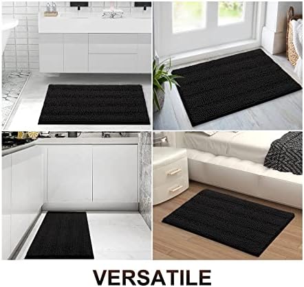 Grandaily Chenille Striped Bathroom Rugs 47x32, Extra Thick and Absorbent Bath Mats, Non-Slip Soft Plush Shaggy Shower Carpet, Machine Wash Dry, Bath Rug for Bathroom, Black