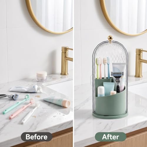 Toothbrush Holder with Cover for Bathroom Countertop, Organizer, Green