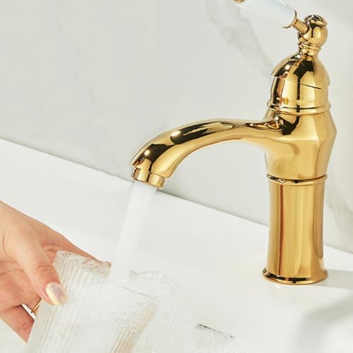 Vintage Brass Single Handle Bathroom Faucet - Gold Hot & Cold Mixer Sink Tap, 1 Hole Design, Retro Style, Ideal for Kitchen & Bathroom Decor
