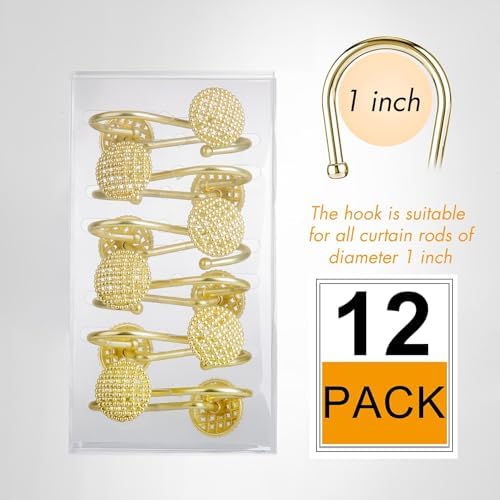 Pearlbee Gold Shower Curtain Hooks, 12Pcs Rustproof Heavy Duty Zinc Alloy