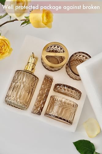 LaMarriti Brown Bathroom Accessories Set, 5Pcs Glass Bathroom Set, Soap Dispenser and Toothbrush Holder Set, Soap Dish, Qtips Holder, Tumbler for Crystal Vintage Bathroom Decor