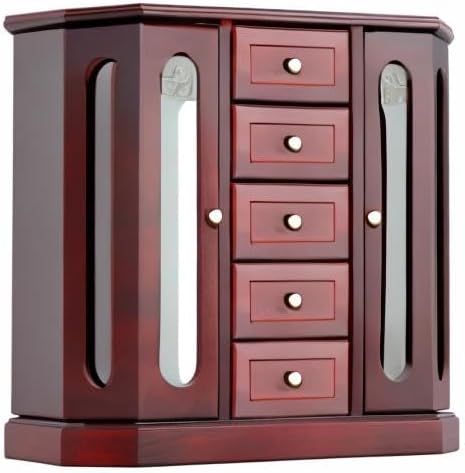RR ROUND RICH DESIGN Vintage Jewelry Armoire with Mirror Brown | - Solid Wood Jewelry Box Organizer with 5 Drawers & 2 Glass Doors - Large Capacity Desktop Dresser Case