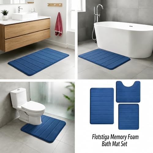 Memory Foam Bath Mat Set 3 Piece,Super Soft Absorbent Bathroom Rug Non Slip, Quick Dry,Machine Wash, Perfect Plush Bathroom Rugs,Home Decor Accessories,Deep Blue
