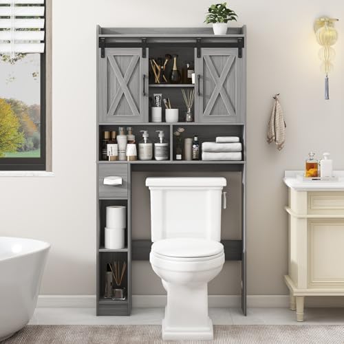 Vabches Over The Toilet Storage Cabinet with Sliding Doors, Wash Grey
