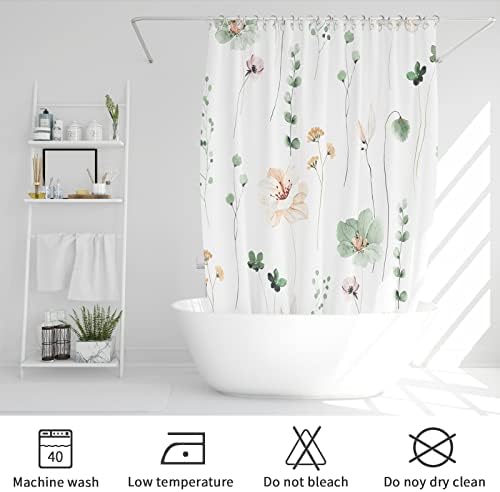 Gibelle Watercolor Floral Shower Curtain, Sage Green Beige Flower Shower Curtain for Bathroom, Modern Minimalist White Waterproof Fabric Shower Curtain Set 72x72 Inch (Pack of 2)