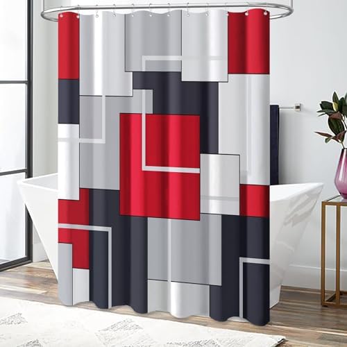 BTTN Red Modern Geometric Waterproof Fabric Shower Curtain Set, 72 x 72