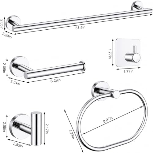 Polished Chrome Bathroom Accessories Set, 7 Pieces Towel Bar Bathroom Hardware Set, 24 Inch Towel Racks for Bathroom, SUS304 Stainless Steel Bathroom Towel Holder Toilet Paper Holder Wall Mounted