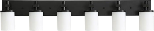 LOUSACE Bathroom Lighting Fixture Over Mirror, 6 Light Bathroom Vanity Lights Matte Black with Opal White Glass Shades, E26 Bulb Base, Wall Sconces Vanity Lighting Fixtures for Bathroom Living Room
