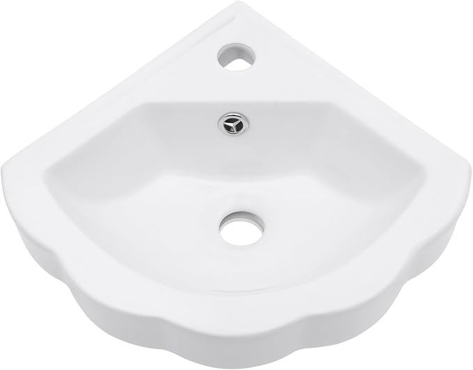 Corner Wall Mount Bathroom Sink | Beslend 17"x15" Inch White Ceramic Vessel Sink, Flower Shaped Bowl White Art Basin with Single Hole Small Space-Saving Sinks