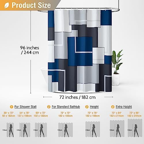 BTTN 72x96 Tall Geometric Waterproof Fabric Shower Curtain Set, Navy Blue