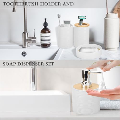 RRM 4 Piece Bamboo Bathroom Accessories Set, Boho Bathroom Decor, White