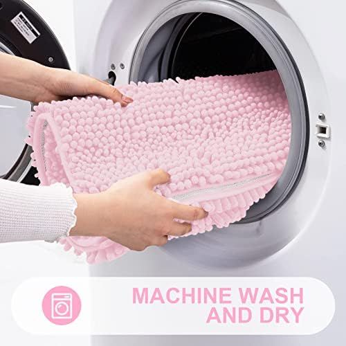 Grandaily Chenille Striped Bathroom Rugs 47x24, Extra Thick and Absorbent Bath Mats, Non-Slip Soft Plush Shaggy Shower Carpet, Machine Wash Dry, Bath Rug for Bathroom, Pink