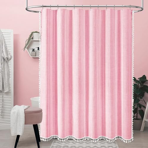 BTTN 72x84 Long Boho Farmhouse Linen Heavy Duty Shower Curtain, Blush Pink