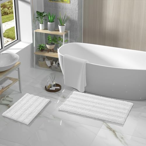 Yimobra Bathroom Rug Mat 32 x 20, Non Slip and Super Absorbent Bath Mat,Machine Washable Quick Dry,Ultra Plush Chenille Shower Rugs for Bathroom Floor Sink Tub and Shower Outside,White