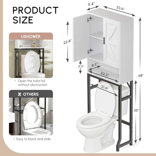 USHOWER White Over The Toilet Storage Cabinet with Barn Doors
