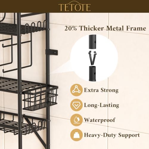 TETOTE Over The Toilet Storage Rack, 3-Tier Bathroom Organizer Shelf Over Toilet with Toilet Paper Roll Holder, Freestanding Metal Rack, Black