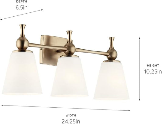 Kichler Cosabella 3 Light in Champagne Bronze with Satin Etched Cased Opal Glass Shades for Bathrooms and Powder Rooms, 24" W x 10.25" H, 55092CPZ