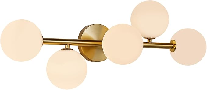 5 Light Bathroom Vanity Light,Gold Bath Room Light Fixtures Over Mirror,Modern Vanity Lights for Bath Room,Makeup Lights for Vanities,Brass Gold Bathroom Sconces with Milk Globe Glass,G9 Base