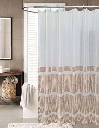 Serafina Home Tan Beige White Striped Cotton Bathroom Shower Curtain