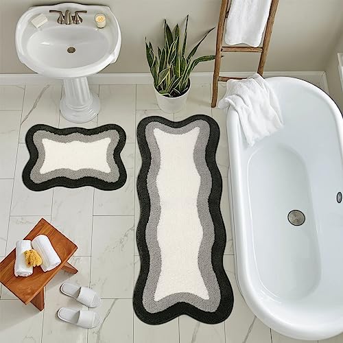 HAOCOO Microfiber Bathroom Runner Rug, 18x47 inch Non Slip Long Rug Runner, Washable Luxury Soft Absorbent Carpet Funny Decor for Shower Kitchen Entryway Bedroom Black/Grey