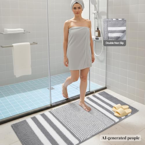 BSICPRO Bathroom Rugs Sets 2 Piece, Non Slip Striped Bath Mats, Light Grey
